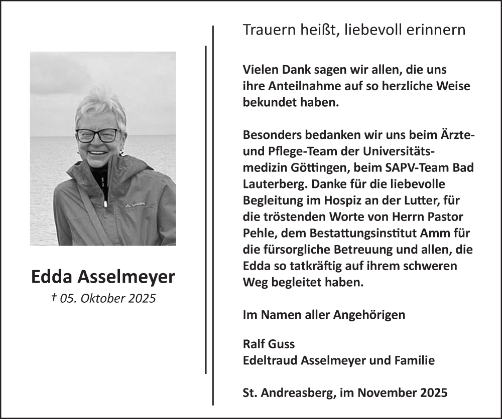  Traueranzeige für Edda Asselmeyer vom 08.11.2025 aus Harz Kurier