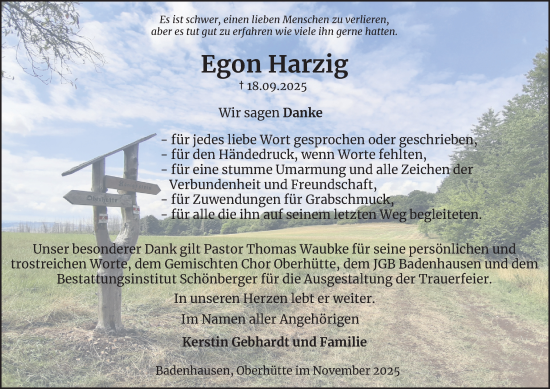 Traueranzeige von Egon Harzig von Harz Kurier