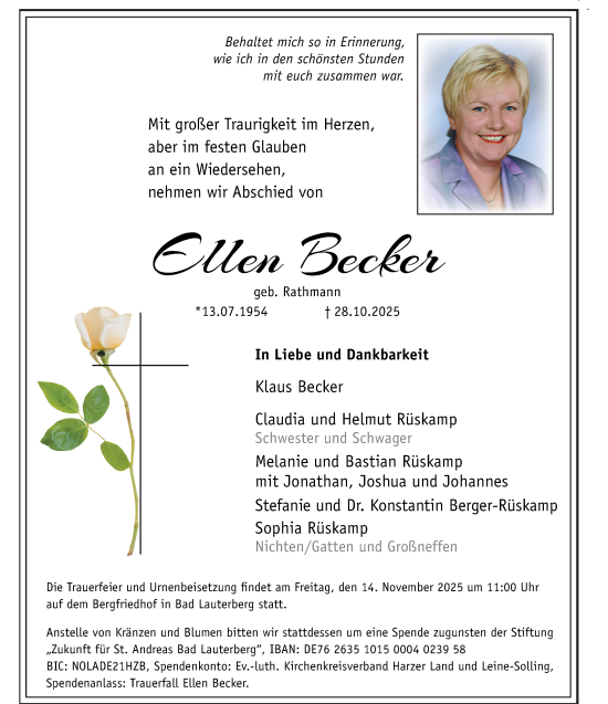 Traueranzeige von Ellen Becker von Harz Kurier