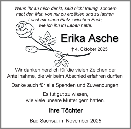 Traueranzeige von Erika Asche von Harz Kurier