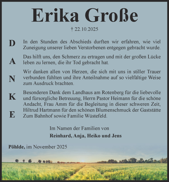 Traueranzeige von Erika Große von Harz Kurier