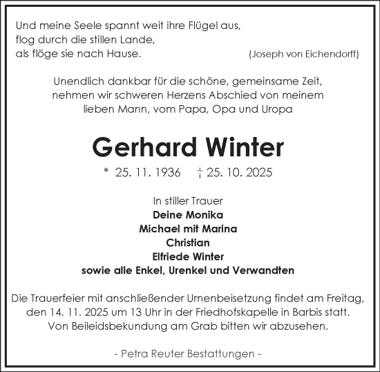 Traueranzeige von Gerhard Winter von Harz Kurier