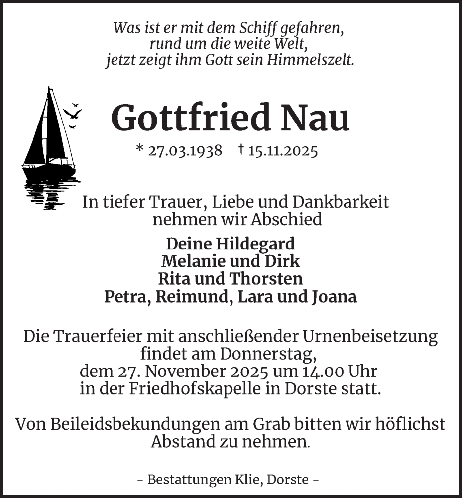  Traueranzeige für Gottfried Nau vom 22.11.2025 aus Harz Kurier