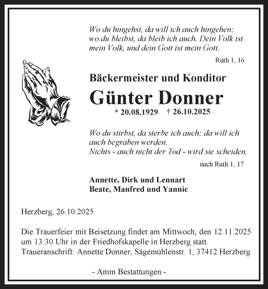 Traueranzeige von Günter Donner von Harz Kurier