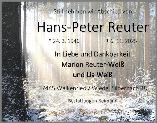 Traueranzeige von Hans-Peter Reuter von Harz Kurier