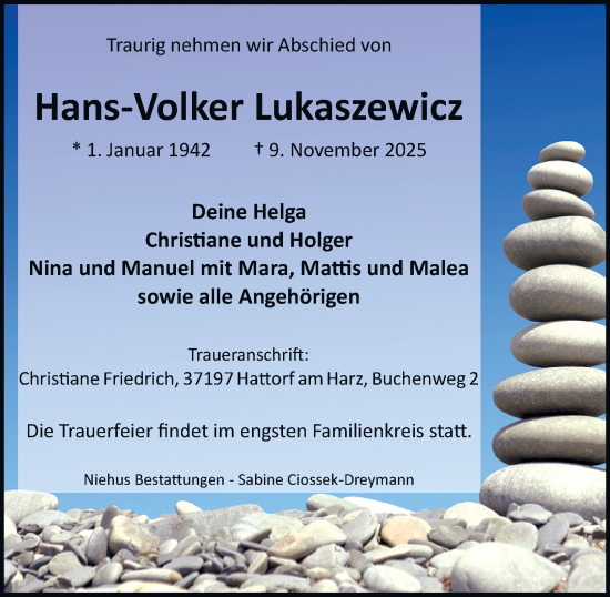 Traueranzeige von Hans-Volker Lukaszewicz von Harz Kurier