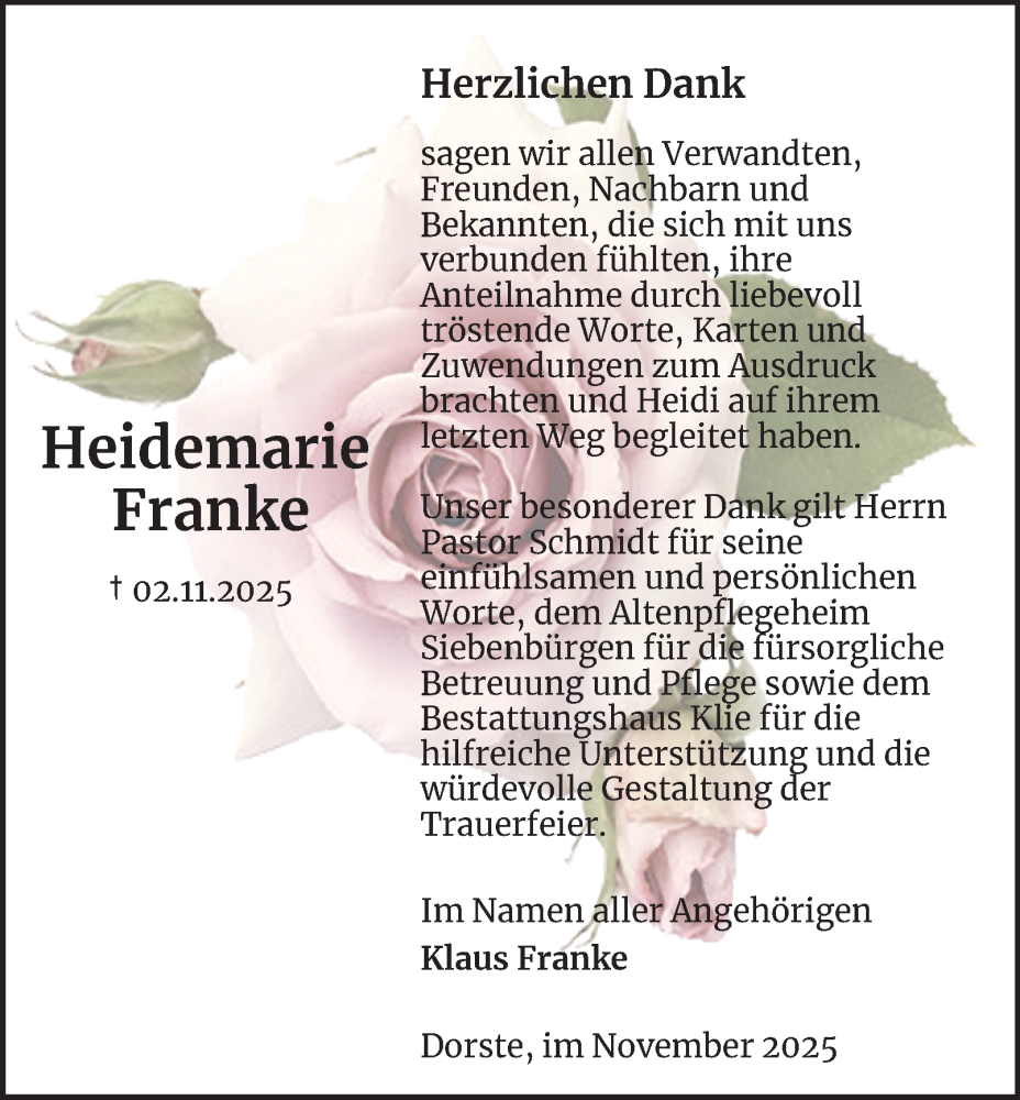 Traueranzeige für Heidemarie Franke vom 29.11.2025 aus Harz Kurier