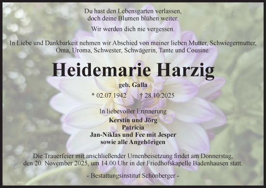 Traueranzeige von Heidemarie Harzig von Harz Kurier