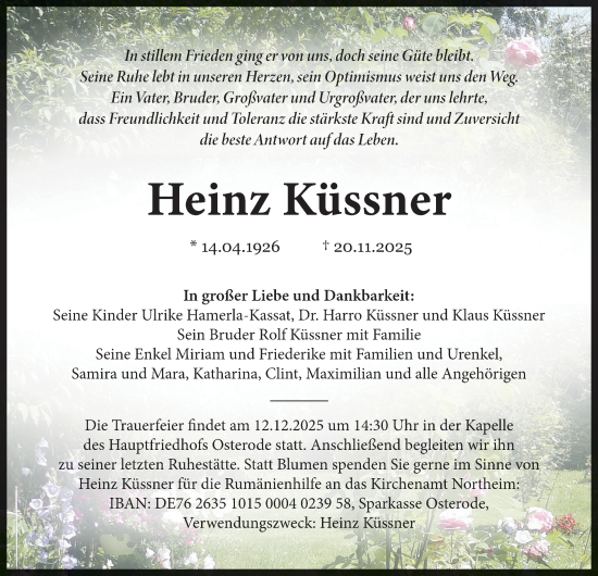 Traueranzeige von Heinz Küssner von Harz Kurier