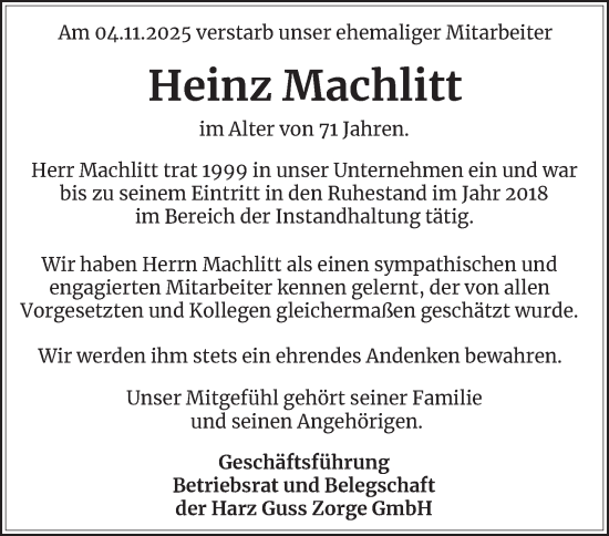 Traueranzeige von Heinz Machlitt von Harz Kurier