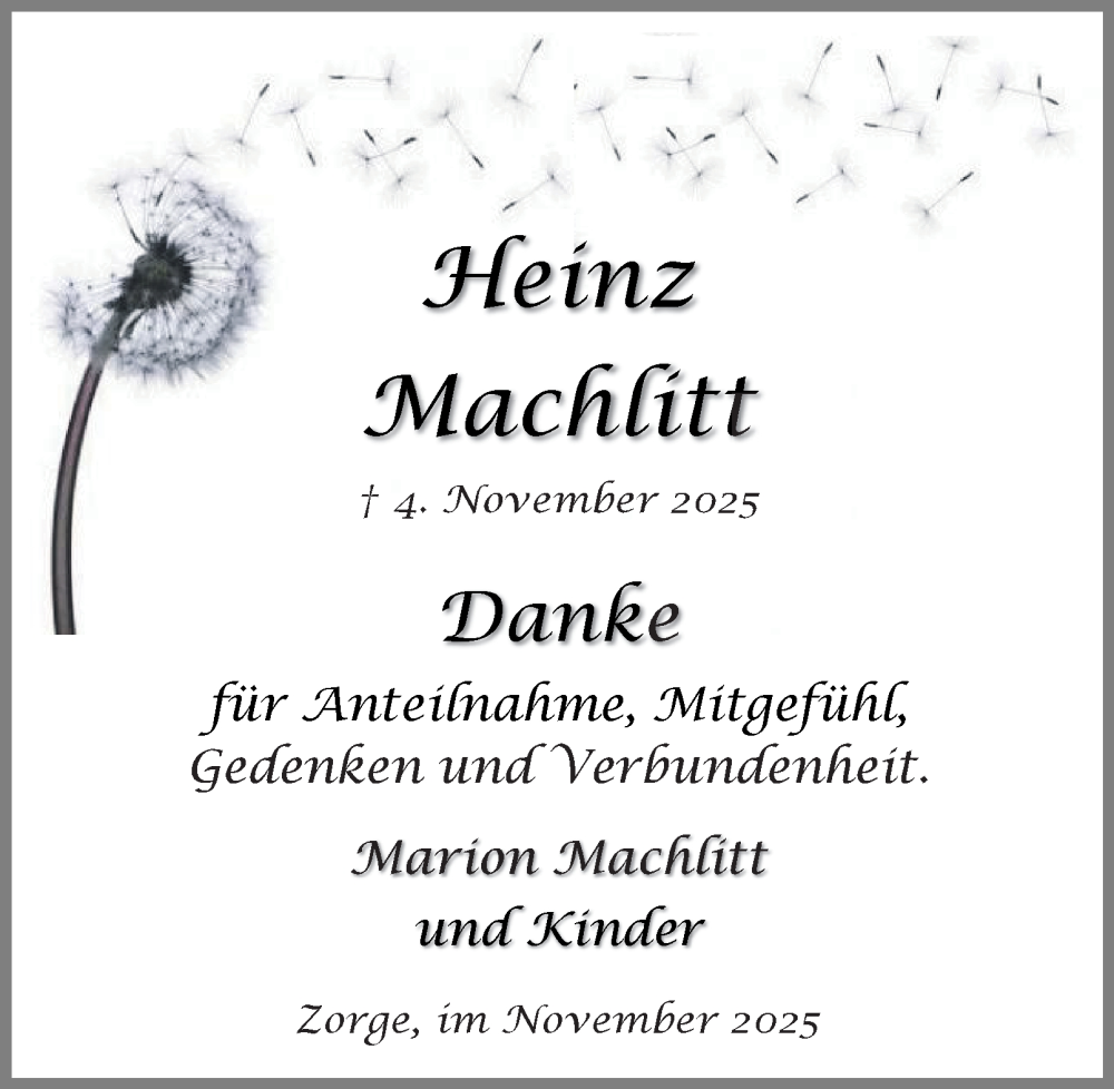  Traueranzeige für Heinz Machlitt vom 22.11.2025 aus Harz Kurier