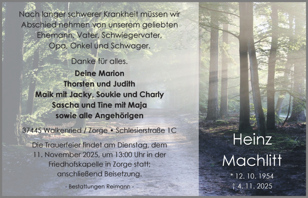  Traueranzeige für Heinz Machlitt vom 08.11.2025 aus Harz Kurier