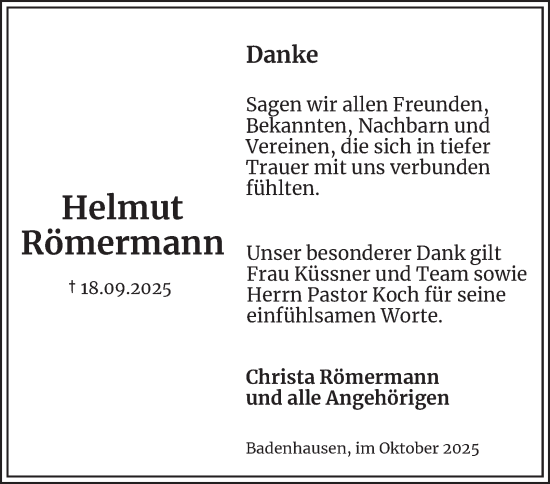 Traueranzeige von Helmut Römermann von Harz Kurier