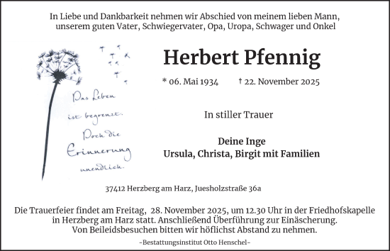 Traueranzeige von Herbert Pfennig von Harz Kurier