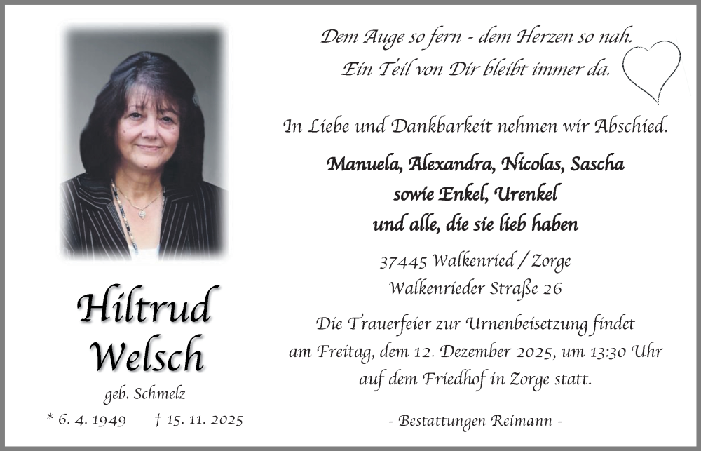  Traueranzeige für Hiltrud Welsch vom 22.11.2025 aus Harz Kurier