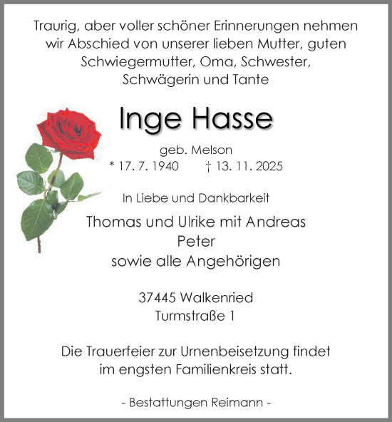Traueranzeige von Inge Hasse von Harz Kurier