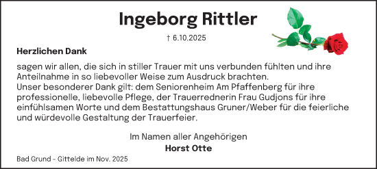 Traueranzeige von Ingeborg Rittler von Harz Kurier