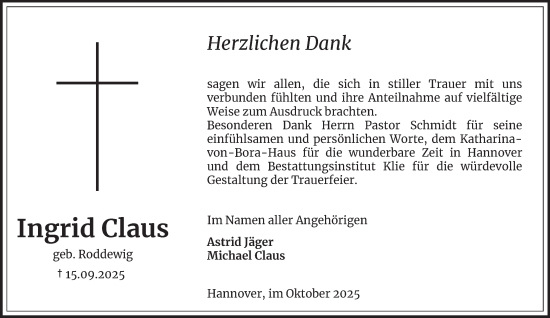Traueranzeige von Ingrid Claus von Harz Kurier