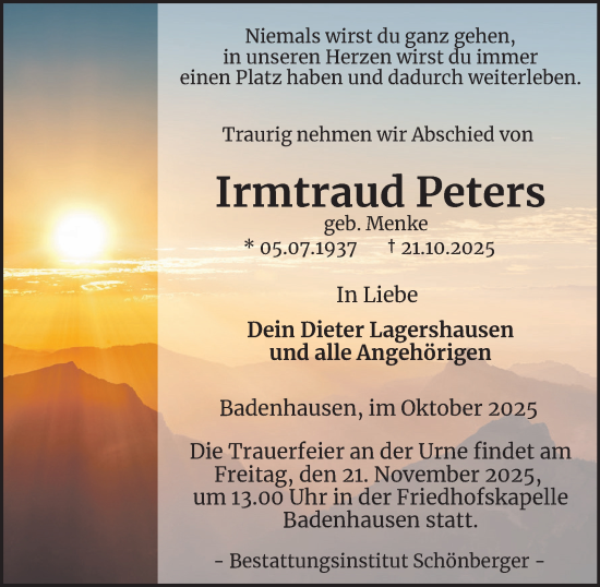 Traueranzeige von Irmtraud Peters von Harz Kurier