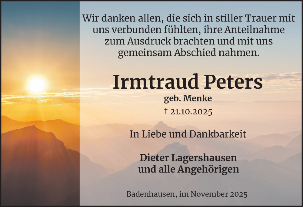  Traueranzeige für Irmtraud Peters vom 29.11.2025 aus Harz Kurier
