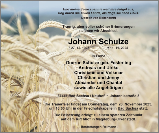 Traueranzeige von Johann Schulze von Harz Kurier