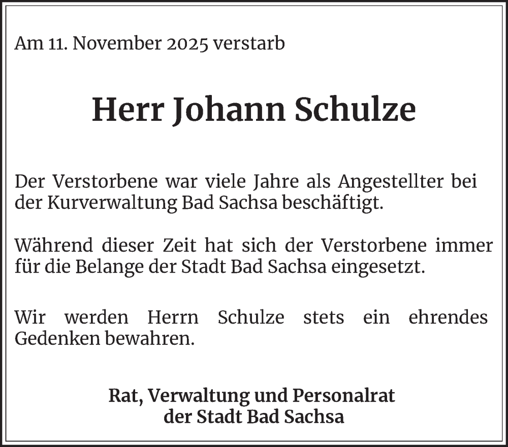  Traueranzeige für Johann Schulze vom 19.11.2025 aus Harz Kurier