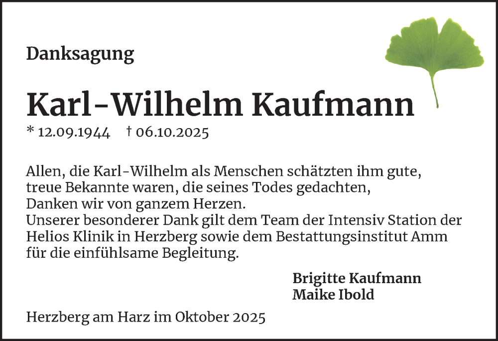  Traueranzeige für Karl-Wilhelm Kaufmann vom 01.11.2025 aus Harz Kurier
