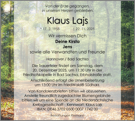 Traueranzeige von Klaus Lajs von Harz Kurier