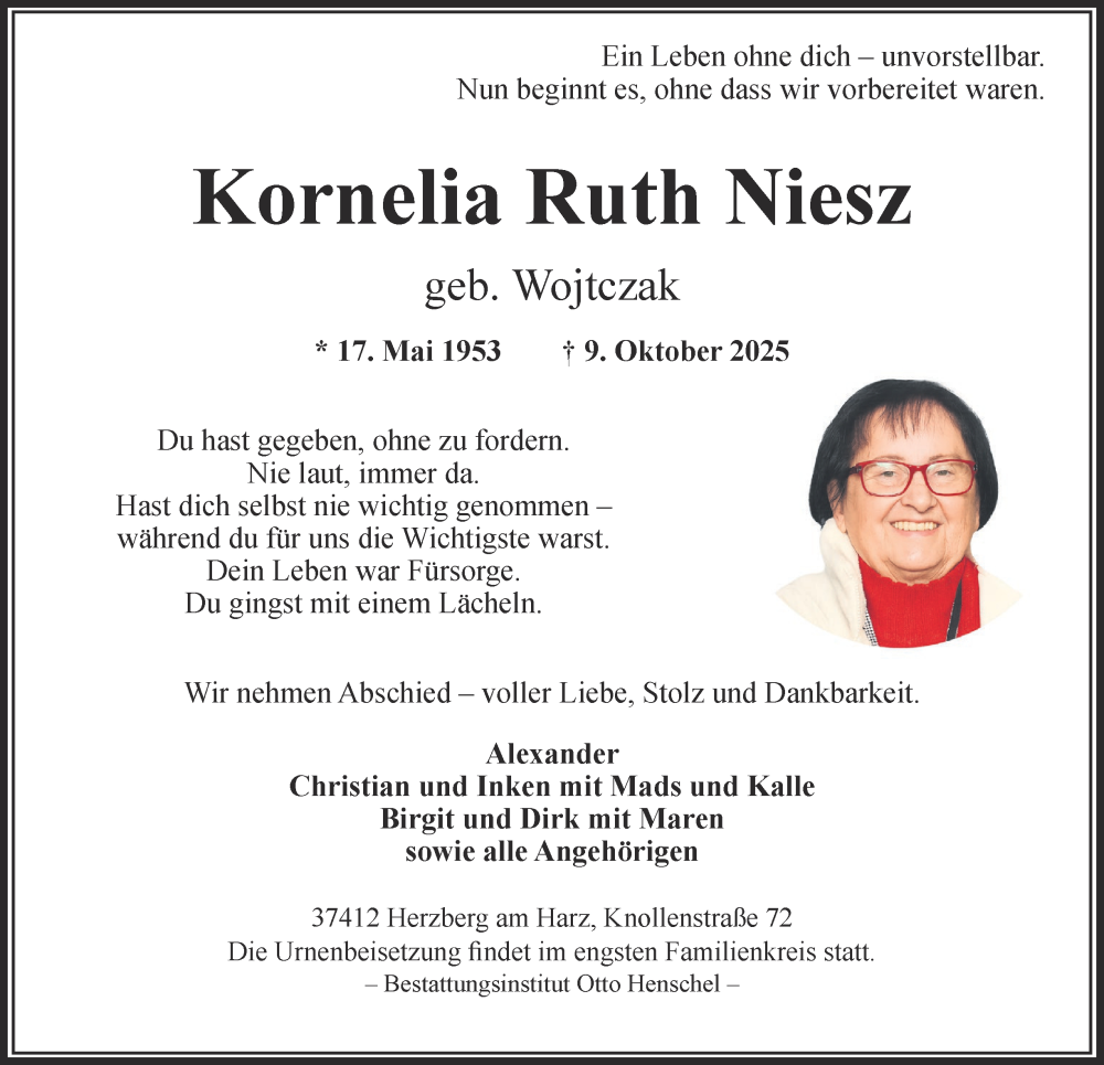  Traueranzeige für Kornelia Ruth Niesz vom 01.11.2025 aus Harz Kurier