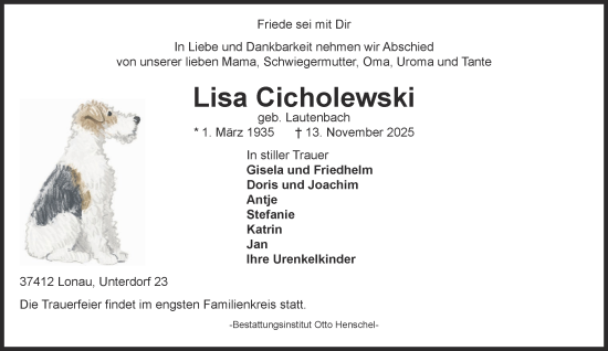Traueranzeige von Lisa Cicholewski von Harz Kurier