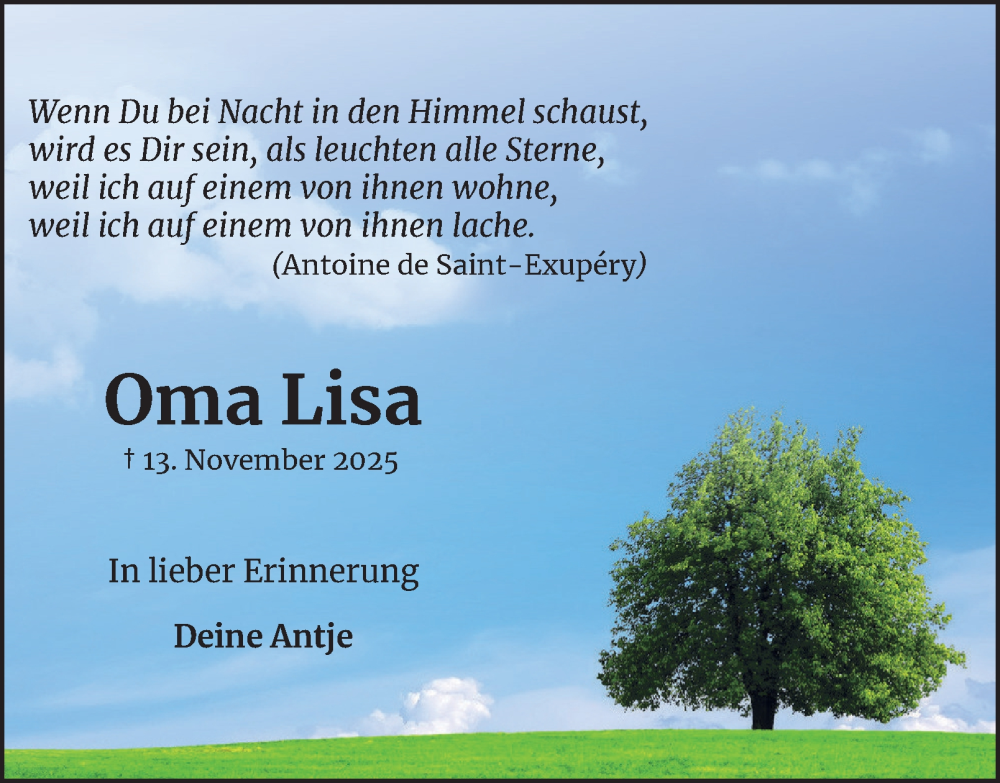  Traueranzeige für Lisa Cicholewski vom 22.11.2025 aus Harz Kurier