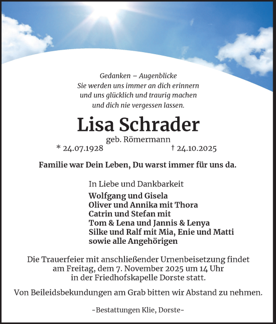 Traueranzeige von Lisa Schrader von Harz Kurier