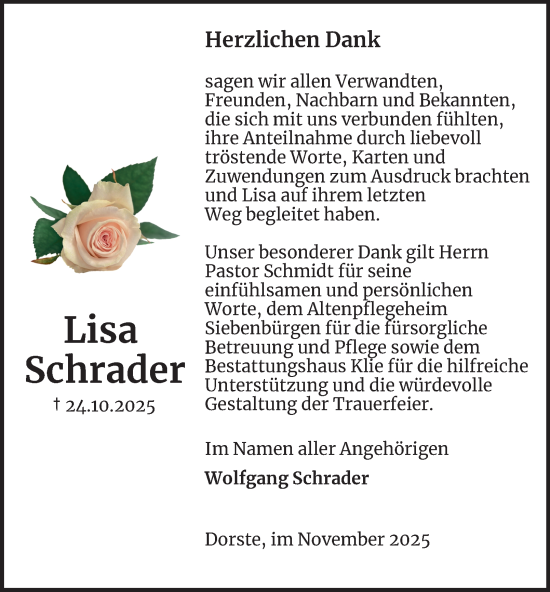 Traueranzeige von Lisa Schrader von Harz Kurier
