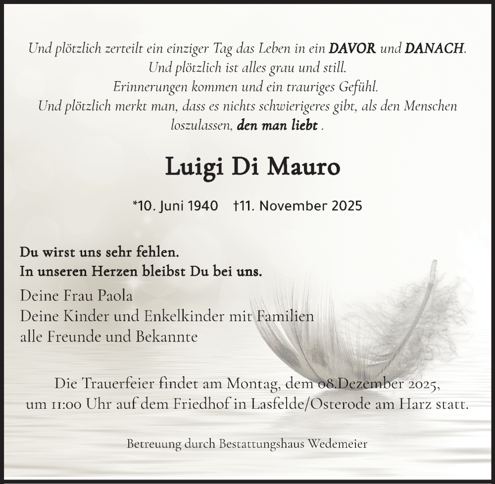  Traueranzeige für Luigi Di Mauro vom 29.11.2025 aus Harz Kurier