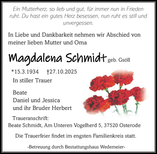Traueranzeige von Magdalena Schmidt von Harz Kurier