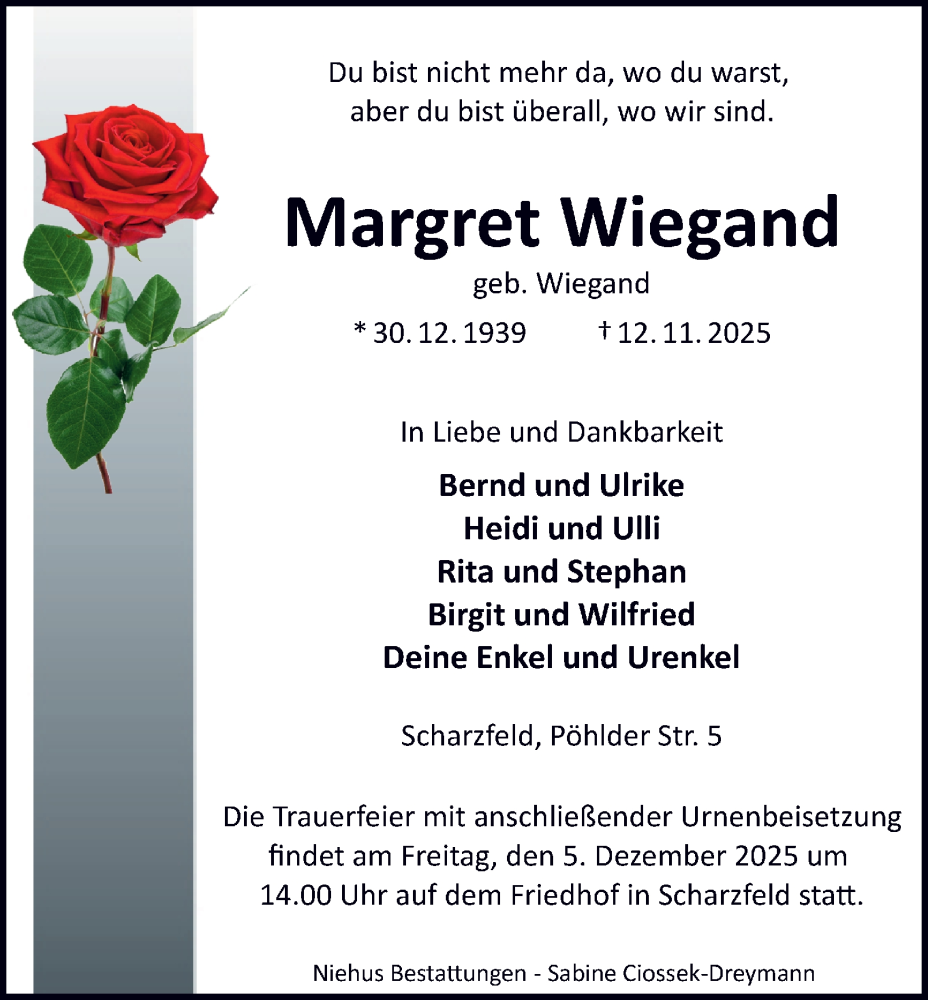  Traueranzeige für Margret Wiegand vom 22.11.2025 aus Harz Kurier