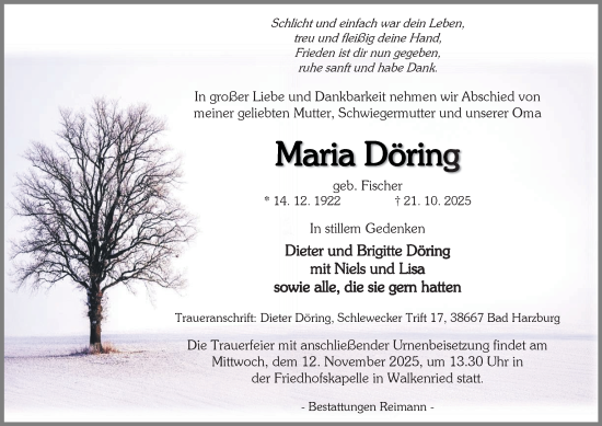Traueranzeige von Maria Döring von Harz Kurier
