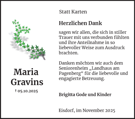 Traueranzeige von Maria Gravins von Harz Kurier