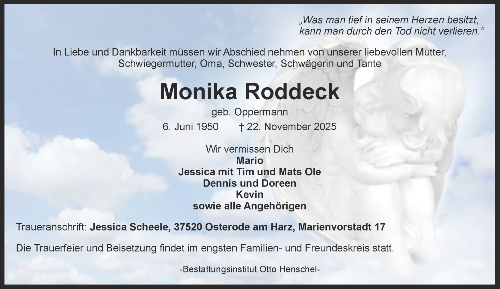  Traueranzeige für Monika Roddeck vom 29.11.2025 aus Harz Kurier
