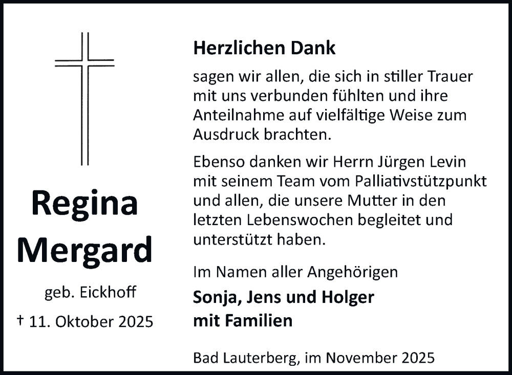  Traueranzeige für Regina Mergard vom 29.11.2025 aus Harz Kurier