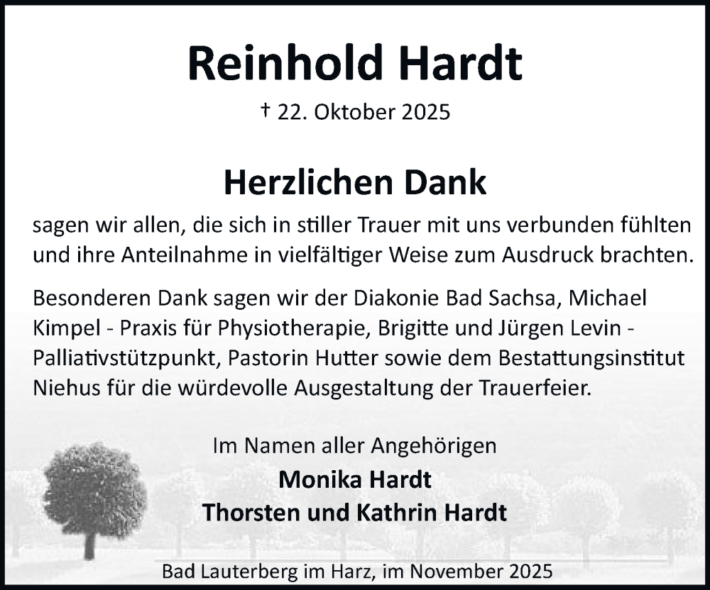  Traueranzeige für Reinhold Hardt vom 22.11.2025 aus Harz Kurier
