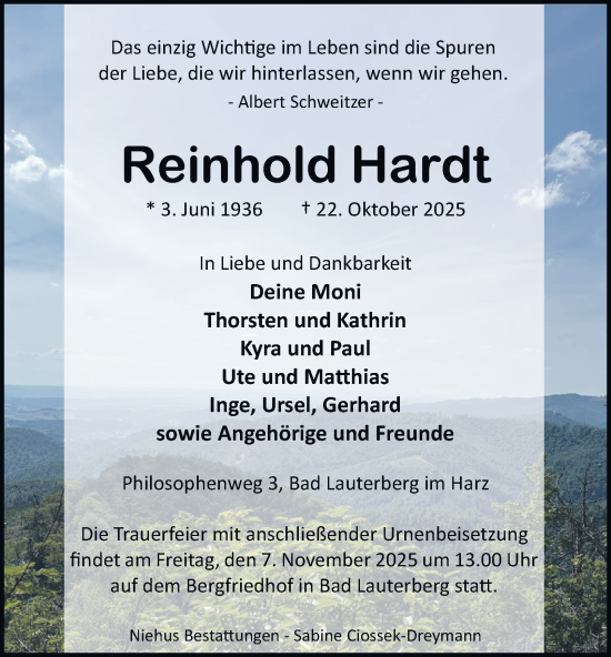 Traueranzeige von Reinhold Hardt von Harz Kurier