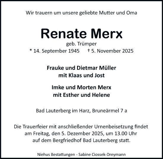 Traueranzeige von Renate Merx von Harz Kurier