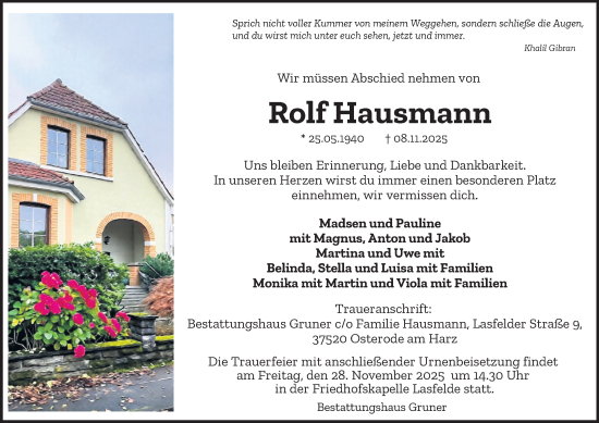Traueranzeige von Rolf Hausmann von Harz Kurier