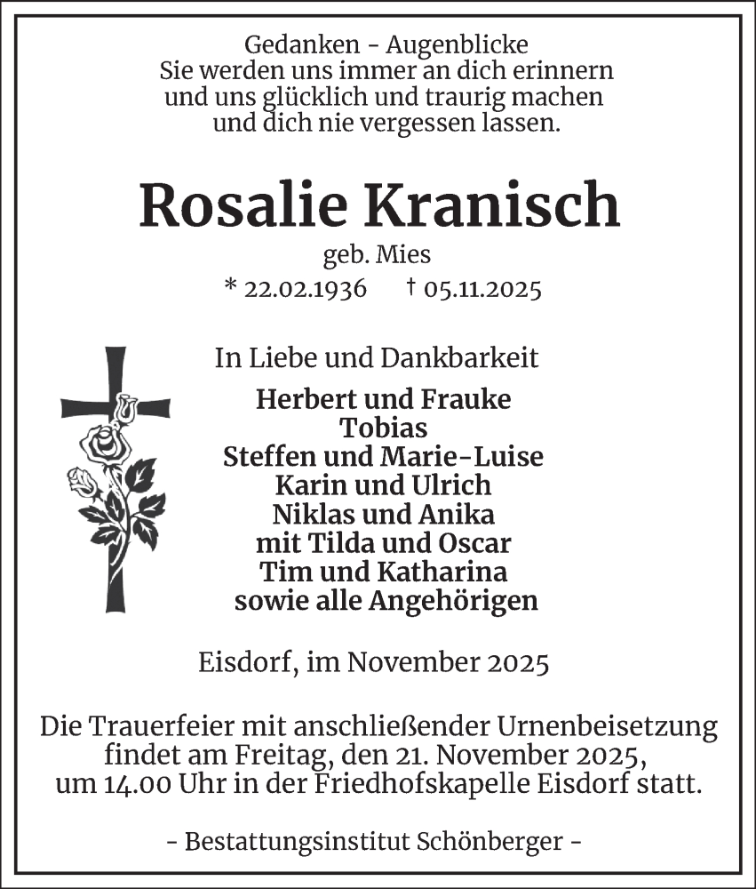  Traueranzeige für Rosalie Kranisch vom 15.11.2025 aus Harz Kurier