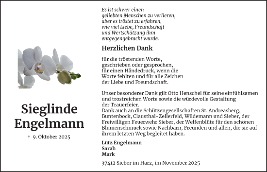 Traueranzeige von Sieglinde Engelmann von Harz Kurier