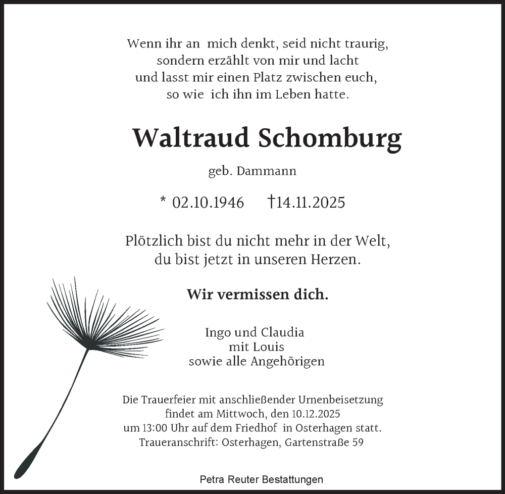  Traueranzeige für Waltraud Schomburg vom 29.11.2025 aus Harz Kurier