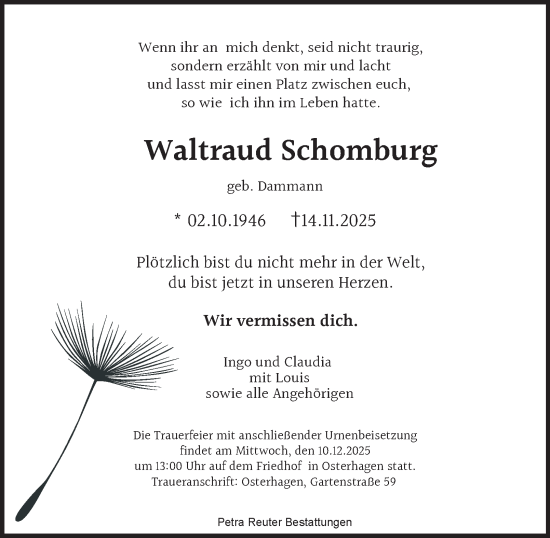 Traueranzeige von Waltraud Schomburg von Harz Kurier