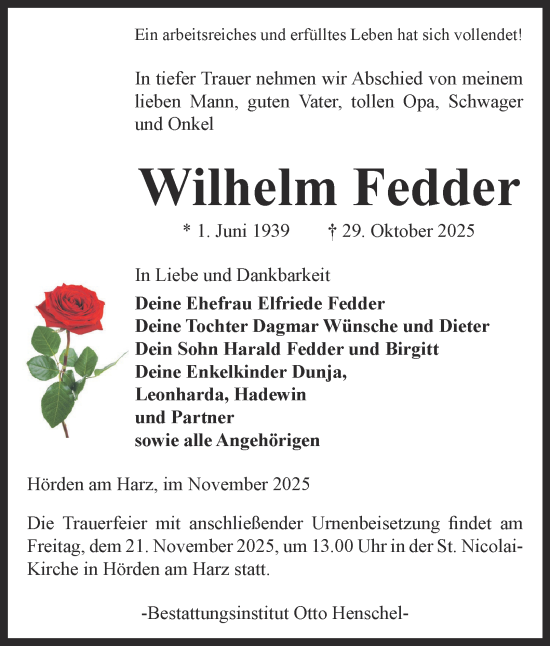 Traueranzeige von Wilhelm Fedder von Harz Kurier