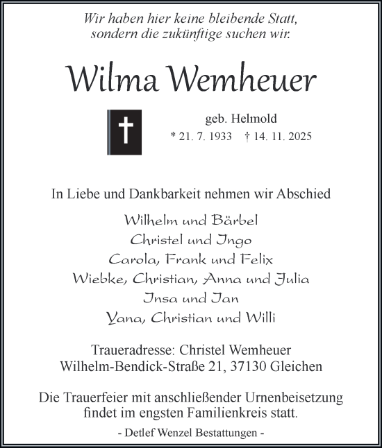 Traueranzeige von Wilma Wemheuer von Harz Kurier